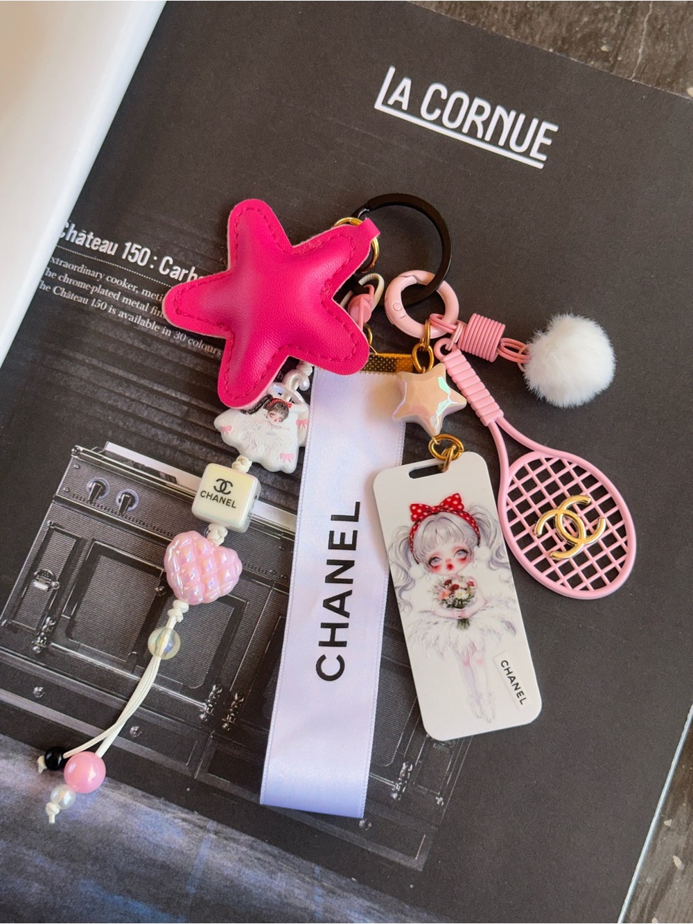 Authentic CC Ribbon with Pink Metal Tennis Racket & Star & Keychain Bag Charm
